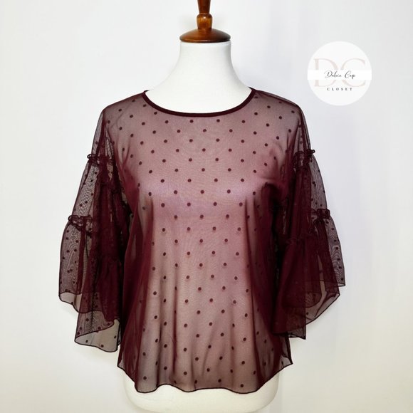 EXPRESS Polka Dot Mesh Top In Burgundy Size S - Picture 2 of 10